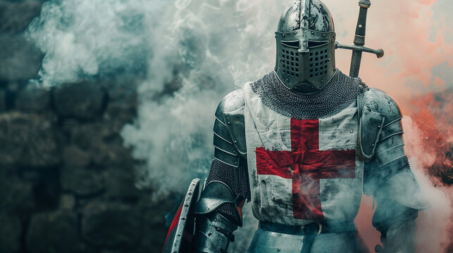 Portrait of Medieval crusader Warrior with armour and red cross. Cloud smoke on Background
