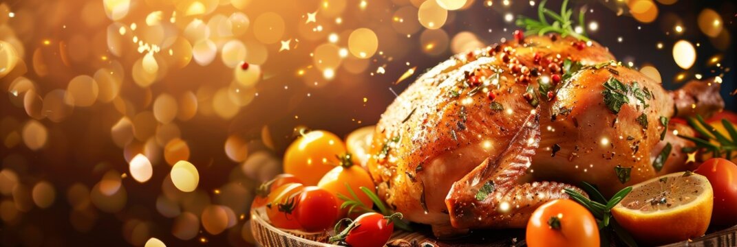 A large roasted turkey with a variety of vegetables on a wooden platter. The image conveys a festive and celebratory mood, as it is likely a centerpiece for a holiday meal
