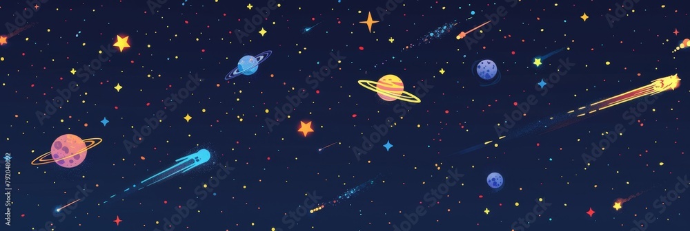 Poster a colorful space background with planets and stars. the stars are scattered throughout the backgroun