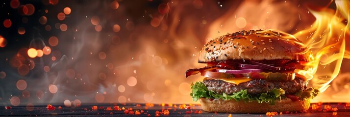 A burger with a flame on it is on a table. The burger is surrounded by a lot of smoke and fire