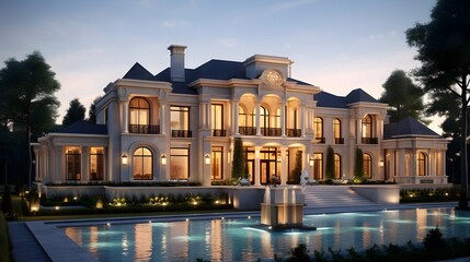 Luxury house with swimming pool in the evening. Panorama