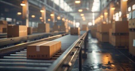 A conveyor belt with boxes in motion, inside an industrial warehouse. The scene is captured from the side of the cardboard box on one end to show its movement along the line and the depth