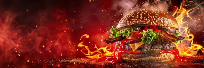 Fototapeta premium A burger with red sauce on it is on a red background. The burger is surrounded by fire, giving the impression of a fiery, intense meal