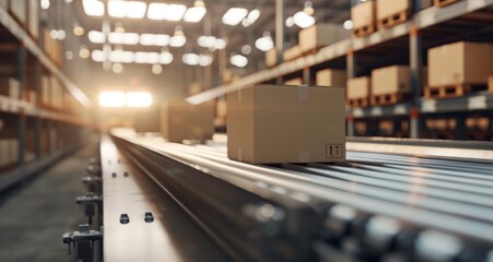 A conveyor belt with boxes in motion, inside an industrial warehouse. The scene is captured from the side of the cardboard box on one end to show its movement along the line