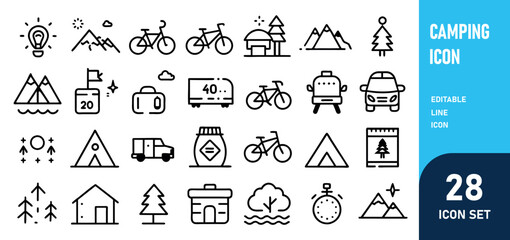 Camping Line Editable Icons set. Vector illustration in modern thin line style of outdoor activities related icons hiking, fishing, mountain biking, and more. Pictograms and infographics for mobile