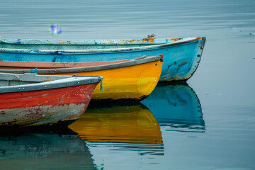 Naklejka premium Three boats are sitting in the water, one of which is yellow. The water is calm and the boats are reflecting the sky above