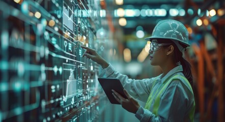 A digital rendering of an Asian female worker in safety gear, holding a tablet and pointing at data visualizations on the screen while standing next to forklifts or warehouse equipment