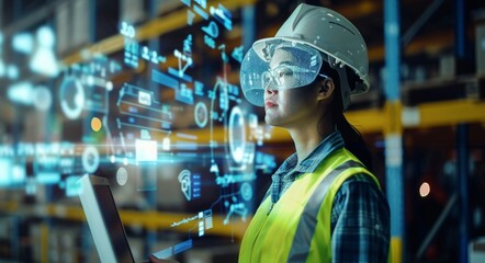 A digital rendering of an Asian female worker in safety gear, wearing yellow vest and white hard hat with visor, holding laptop computer while standing next to forklift truck on warehouse floor - Powered by Adobe