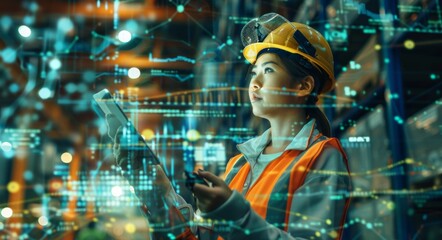 A digital rendering of an Asian female worker in safety gear, holding a tablet and pointing at data visualizations on the screen while standing next to forklifts or warehouse equipment with other