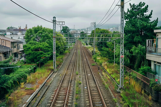 A train track with a few trees in the background. The train tracks are empty