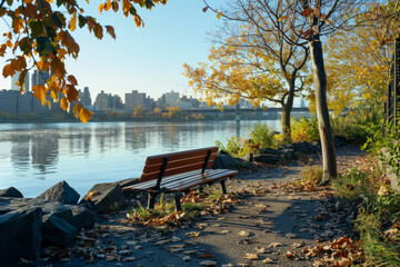 A bench is sitting on a path next to a river. The bench is empty and the leaves on the ground are brown. The scene is peaceful and serene, with the water reflecting the sky