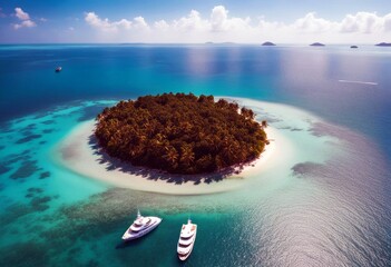 'drone aerial view photo top wide tropical ultra yacht large anchored open paradise exotic...