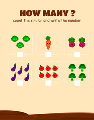 How much is the game. Counting game with different cute vegetables. Cute counter game with illustrations