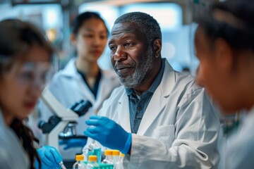 A group of scientists in lab coats, including one African American man and two Asian women with blue gloves, gathered around an advanced laboratory setup, discussing their research - Powered by Adobe