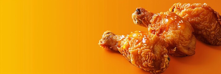 Three pieces of fried chicken on a yellow background. The chicken is golden brown and looks delicious. The background is orange, which gives the image a warm and inviting feeling