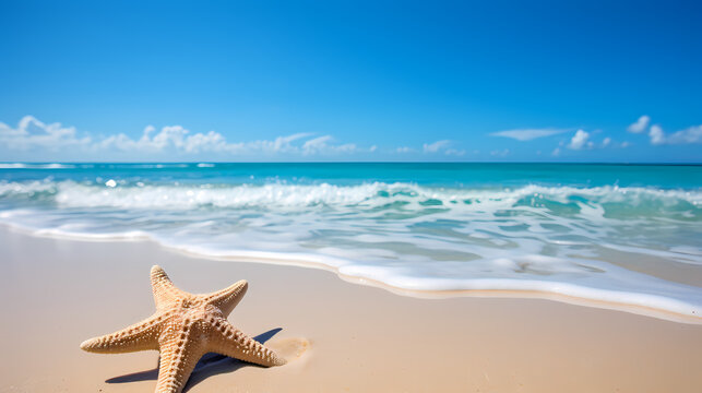Beautiful beach with soft waves and starfish on the sand