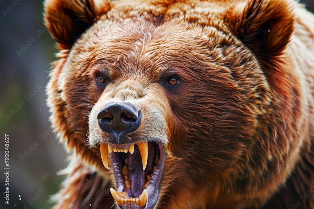 Wall mural a bear with its mouth open and teeth bared, showing its anger and aggression. the bear's fur is brow