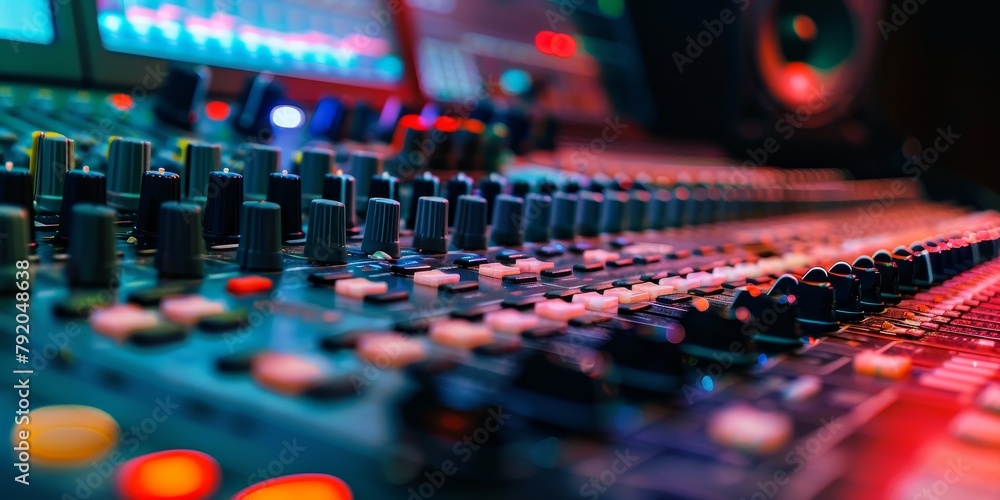 Poster a large sound board with many knobs and buttons. the knobs are in various colors and sizes, and the 