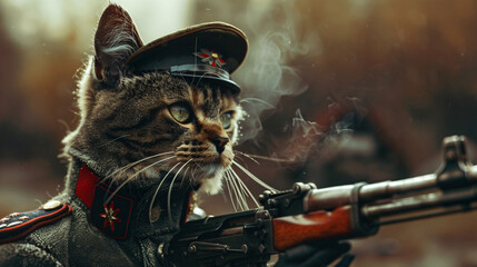 The cat is a military man in a military uniform
