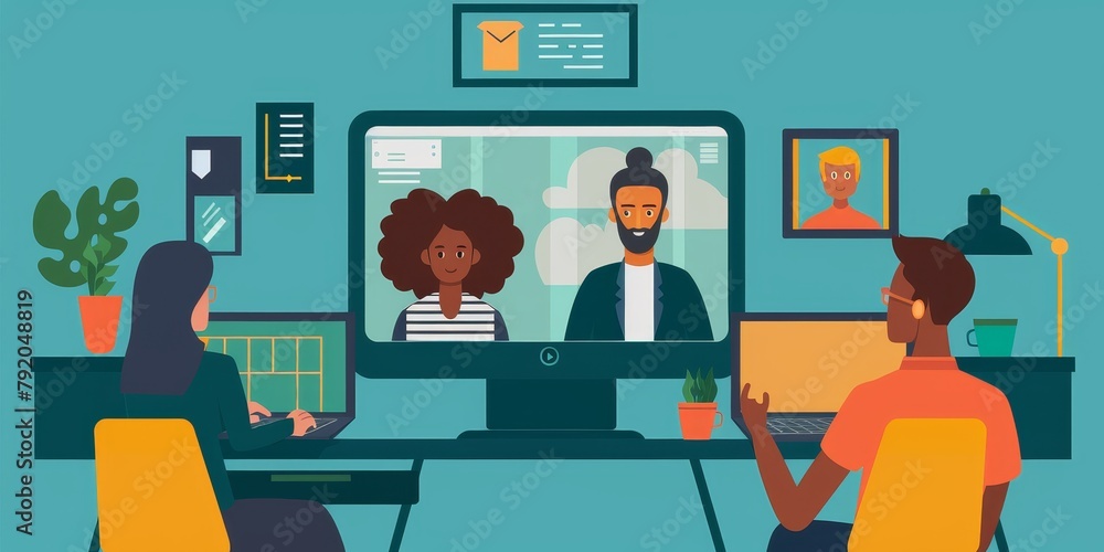 Poster a group of people are sitting at a desk with a computer monitor in front of them. the monitor is dis