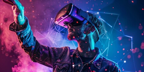 A man is playing a video game with a virtual reality headset on. The image has a futuristic and colorful vibe, with the man's reflection in the smoke and the bright colors of the background