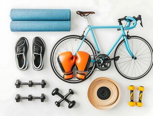 photo of bicycle, boxing gloves and gear, swimming flippers, yoga mat, dumbbells on white background
