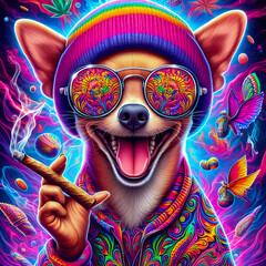 Digital art of a psychedelic cool chihuahua with sunglasses smoking a blunt - obrazy, fototapety, plakaty