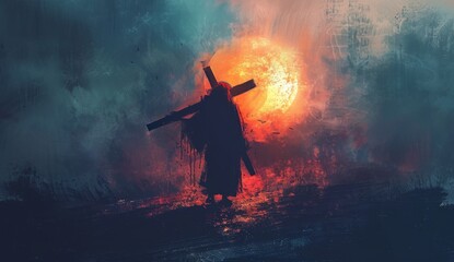 A minimalist digital art depiction of Jesus carrying the cross, with an ethereal background and...