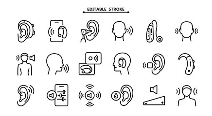 Hearing aid outline icons set. Editable stroke. Volume booster for ears, for the deaf old and young. For better hearing, simple icon collection.