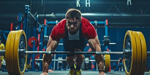 A man in a red shirt is lifting a barbell. The barbell is yellow and very heavy. There are other people in the background, but the main focus is on the man lifting the barbell - obrazy, fototapety, plakaty