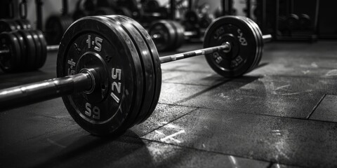 A black and white photo of a weight room with a barbell on the floor. The barbell is labeled with the numbers 1-5 - obrazy, fototapety, plakaty