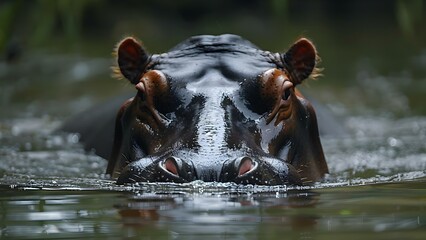 Hippopotamus peacefully swimming with only its head above water, enjoying a relaxing dip. Concept aquatic animals, hippopotamus, water dwellers, relaxation, tranquility