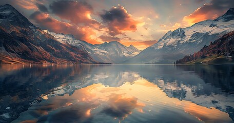 Photo of Bishusshesalp lake in Switzerland with beautiful mountain peaks at sunrise, with a perfect symmetrical composition in the light of golden hour, reflection on the water surface - Powered by Adobe