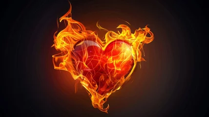 Fotobehang Burning heart silhouette with fiery glow - A captivating heart silhouette ablaze with fiery textures, set against a dark backdrop, evoking deep love or passion © Tida