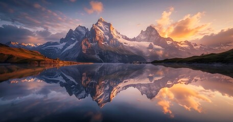 Photo of Bishusshesalp lake in Switzerland with beautiful mountain peaks at sunrise, with a perfect symmetrical composition in the light of golden hour, reflection on the water surface