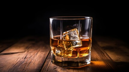 A classy whiskey glass with two ice cubes, perfect for showcasing the elegance of an alcoholic beverage. The glass is isolated on a white background, enhancing its visual appeal.