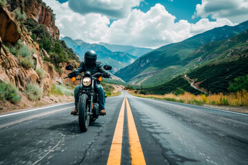 Fototapeta premium A man is riding a motorcycle down a mountain road. The road is empty and the sky is cloudy. Scene is adventurous and exciting
