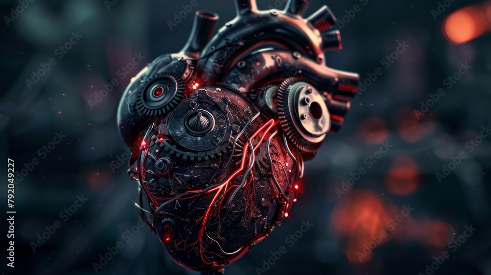 Poster intricate mechanical heart with glowing red elements - a complex, steampunk-inspired mechanical hear