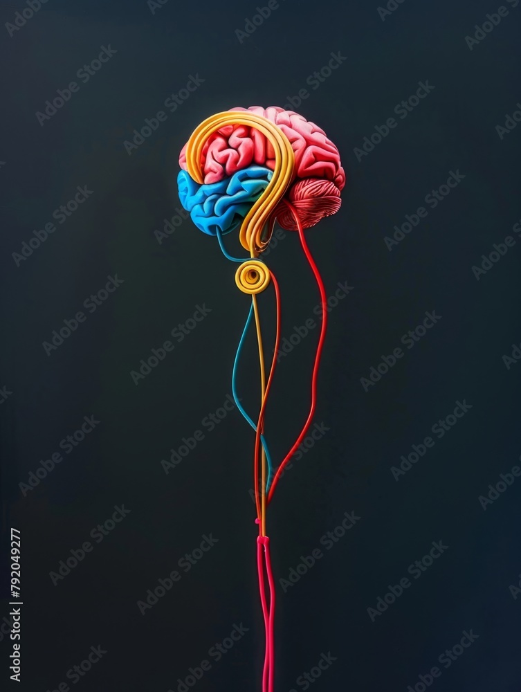 Poster colorful brain model with wires as brainstem - a creative representation of a human brain with color