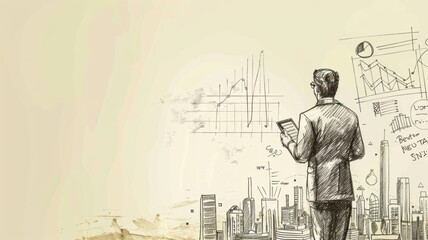 Man facing financial charts and cityscape drawing - A contemplative businessman gazes towards hand-drawn graphs and a cityscape backdrop, conveying strategic financial planning
