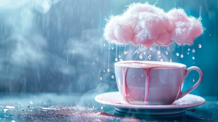 Rainy scene over pink cup with clouds - A conceptual photograph of a pink teacup with fake clouds and rain creating a melancholic and peaceful scene - obrazy, fototapety, plakaty