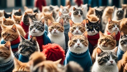 A parallel world where only cats evolved, a crowd of cats wearing various clothing, hyper details,...