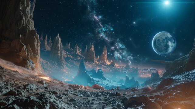 Exotic cosmic landscape with vivid sky - A dreamscape of a cosmic landscape featuring sharp cliffs and a starry sky with celestial bodies, symbolizing mystery