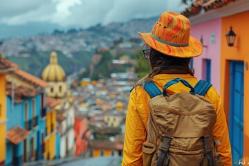Fototapeta premium Person With Backpack and Hat Walking Down Street