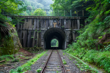 A tunnel with a train track in the middle of a forest. The tunnel is dark and the train is not moving
