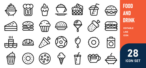 Food and Drink Line Editable Icons set. Vector illustration of gastronomic related icons meat, fast food, main dishes, pastries, desserts, Asian cuisine, and drinks. Isolated on white