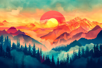 A painting of a mountain range with a red sun in the sky. The sun is positioned in the middle of the painting, and the mountains are in the background