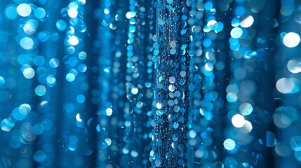 Blue curtains embellished with sequins create a sparkling, glittery background, perfect for holiday decorations or photo booth drapes - obrazy, fototapety, plakaty