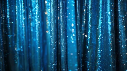 Blue curtains embellished with sequins create a sparkling, glittery background, perfect for holiday decorations or photo booth drapes