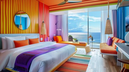 Brightly colored hotel room styled minimally with Bali-inspired decor and an ocean view